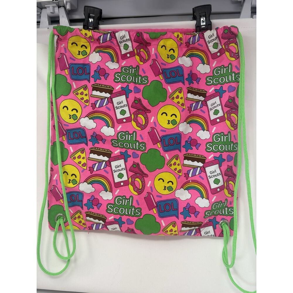 Girl Scouts Backpack Emoji Drawstring Neon Green And Pink AUTHENTIC 16”x14.5”